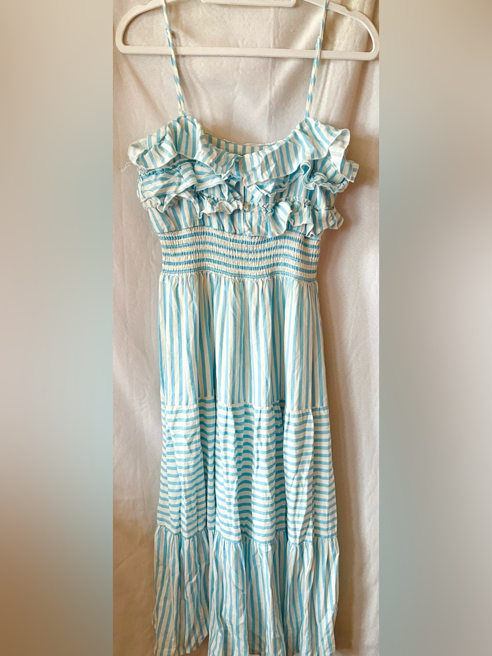 Aqua Linen Blend Tiered Maxi Dress Sz L Smocked Waist Ruffles Cottagecore Island